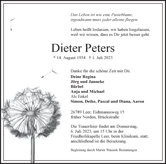Traueranzeige von Dieter Peters von Ostfriesischer Kurier