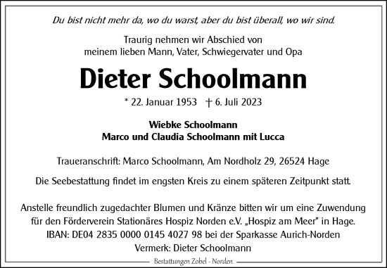 Traueranzeige von Dieter Schoolmann von Ostfriesischer Kurier