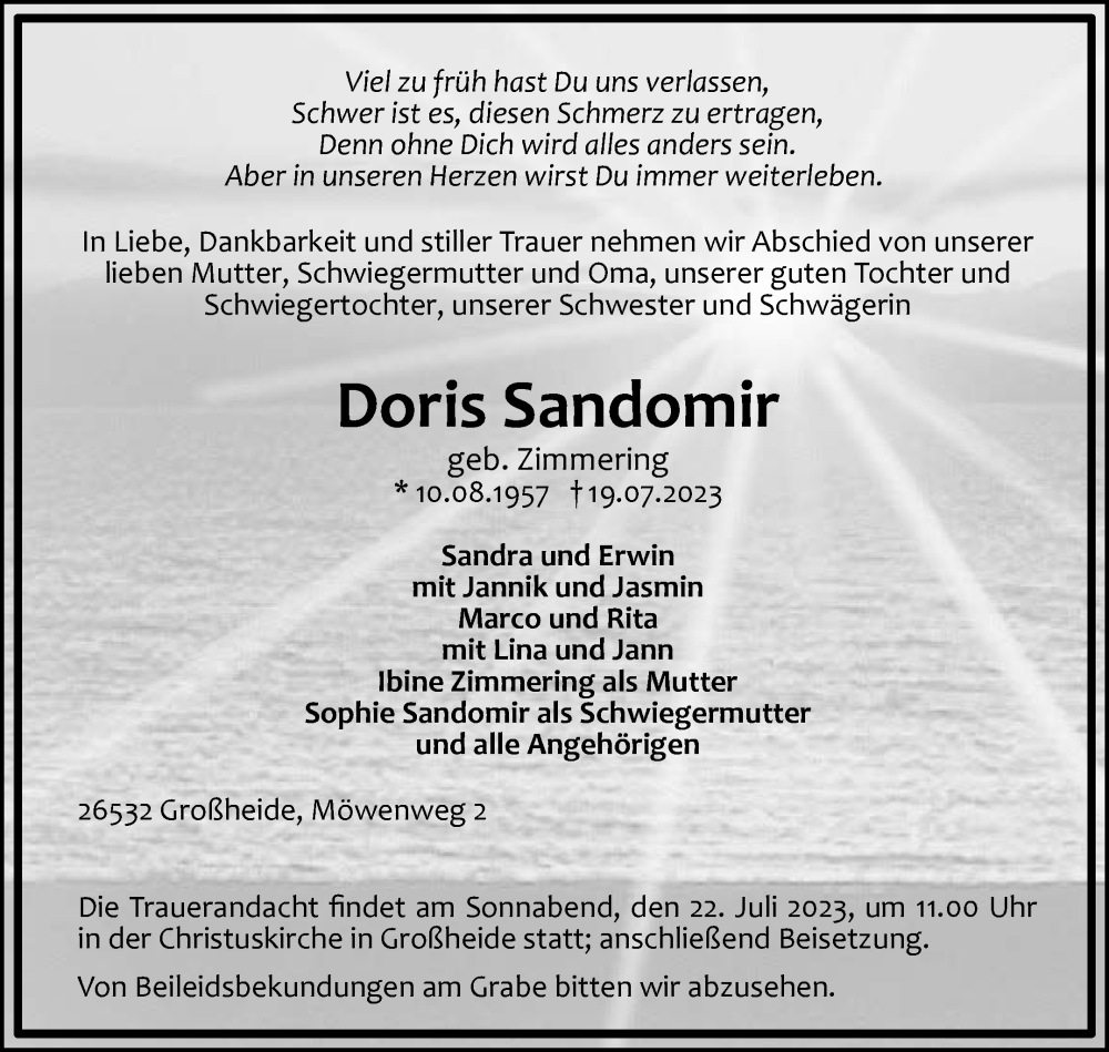  Traueranzeige für Doris Sandomir vom 21.07.2023 aus Ostfriesischer Kurier