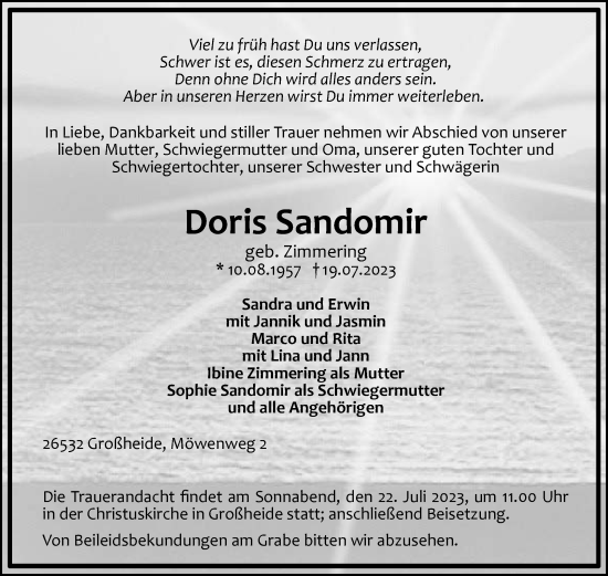 Traueranzeige von Doris Sandomir von Ostfriesischer Kurier