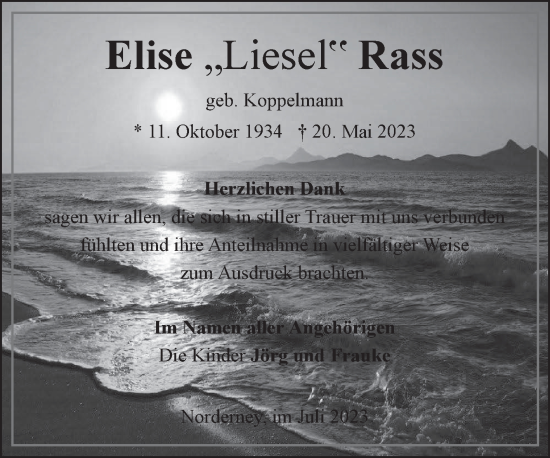 Traueranzeige von Elise Rass von Ostfriesischer Kurier