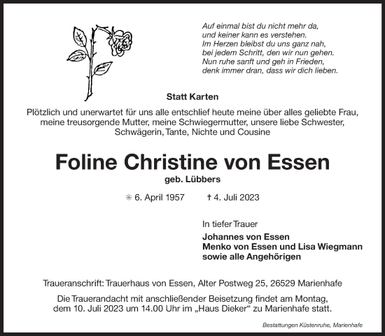 Traueranzeige von Foline Christine von Essen von Ostfriesischer Kurier