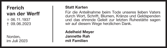 Traueranzeige von Frerich van der Werff von Ostfriesischer Kurier