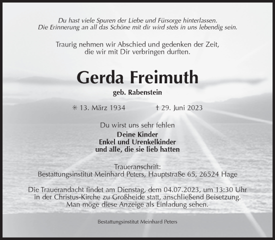 Traueranzeige von Gerda Freimuth von Ostfriesischer Kurier