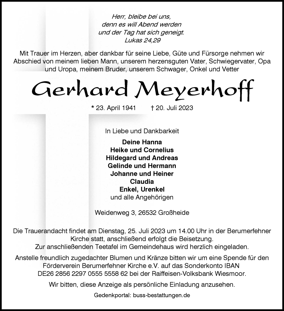  Traueranzeige für Gerhard Meyerhoff vom 22.07.2023 aus Ostfriesischer Kurier