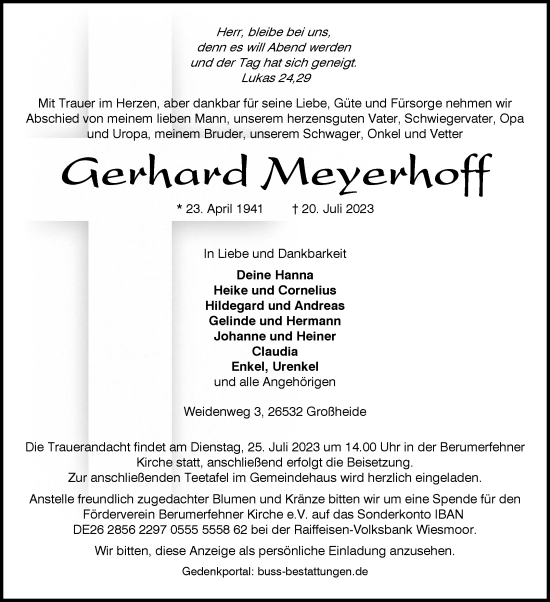 Traueranzeige von Gerhard Meyerhoff von Ostfriesischer Kurier