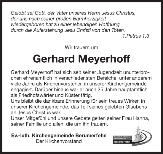 Traueranzeige von Gerhard Meyerhoff von Ostfriesischer Kurier