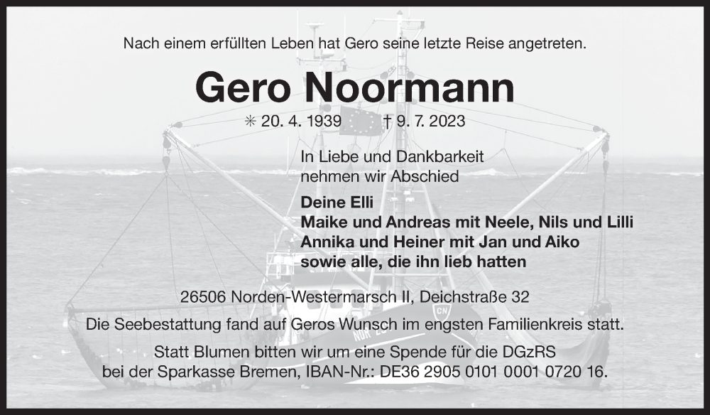  Traueranzeige für Gero Noormann vom 22.07.2023 aus Ostfriesischer Kurier