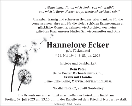 Traueranzeige von Hannelore Ecker von Ostfriesischer Kurier