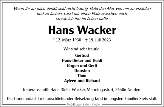 Traueranzeige von Hans Wacker von Ostfriesischer Kurier