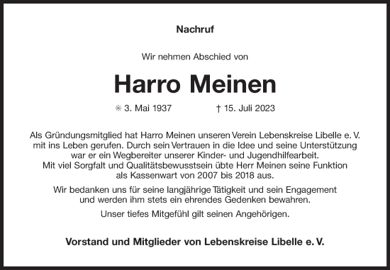 Traueranzeige von Harro Meinen von Ostfriesischer Kurier