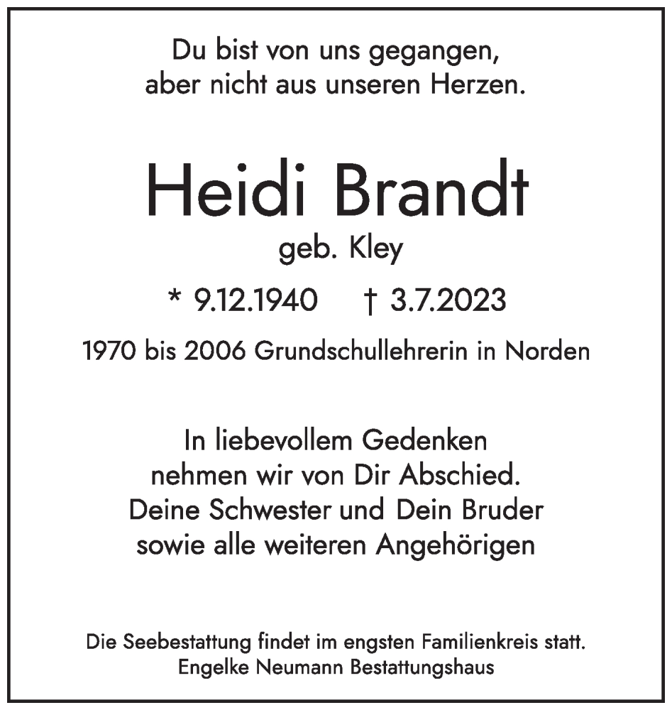  Traueranzeige für Heidi Brandt vom 22.07.2023 aus Ostfriesischer Kurier