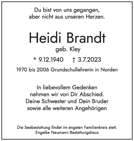 Traueranzeige von Heidi Brandt von Ostfriesischer Kurier