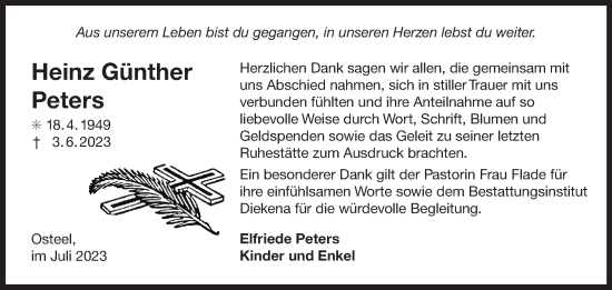 Traueranzeige von Heinz Günther Peters von Ostfriesischer Kurier