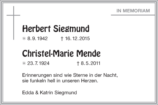 Traueranzeige von Herbert Siegmund und Christel-Marie Mende von Ostfriesischer Kurier