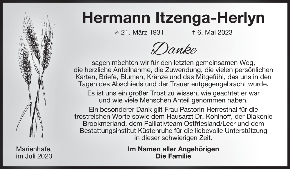  Traueranzeige für Hermann Itzenga-Herlyn vom 22.07.2023 aus Ostfriesischer Kurier