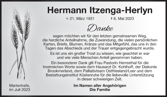 Traueranzeige von Hermann Itzenga-Herlyn von Ostfriesischer Kurier