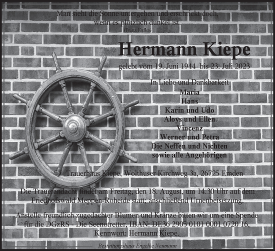 Traueranzeige von Hermann Kiepe von Ostfriesischer Kurier