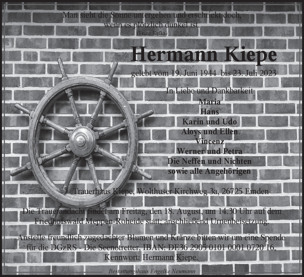  Traueranzeige für Hermann Kiepe vom 29.07.2023 aus Ostfriesischer Kurier