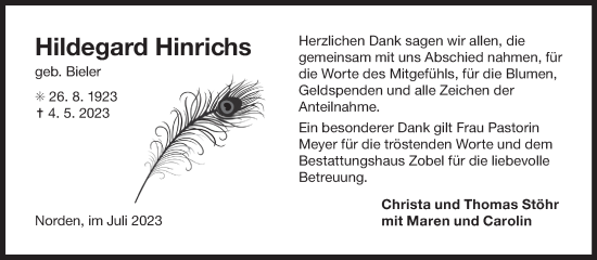 Traueranzeige von Hildegard Hinrichs von Ostfriesischer Kurier