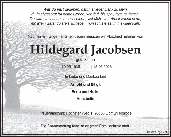 Traueranzeige von Hildegard  Jacobsen von Ostfriesischer Kurier