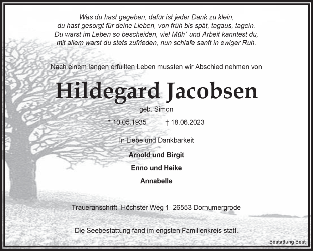  Traueranzeige für Hildegard  Jacobsen vom 22.07.2023 aus Ostfriesischer Kurier