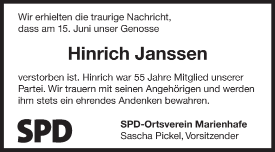 Traueranzeige von Hinrich Janssen von Ostfriesischer Kurier