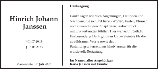 Traueranzeige von Hinrich Janssen von Ostfriesischer Kurier