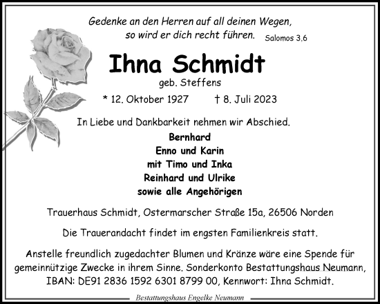 Traueranzeige von Ihna Schmidt von Ostfriesischer Kurier