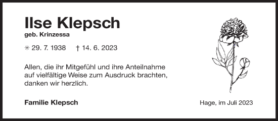 Traueranzeige von Ilse Klepsch von Ostfriesischer Kurier