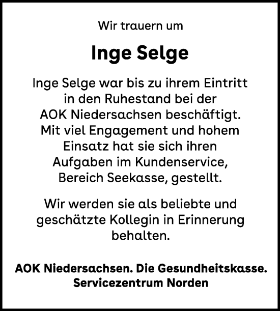 Traueranzeige von Inge Selge von Ostfriesischer Kurier