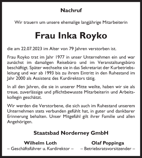 Traueranzeige von Inka Royko von Ostfriesischer Kurier