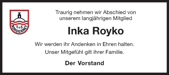 Traueranzeige von Inka Royko von Ostfriesischer Kurier