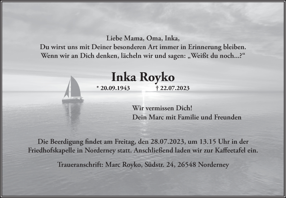  Traueranzeige für Inka Royko vom 25.07.2023 aus Ostfriesischer Kurier