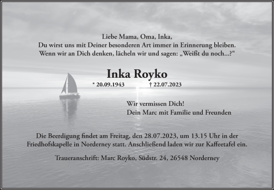 Traueranzeige von Inka Royko von Ostfriesischer Kurier