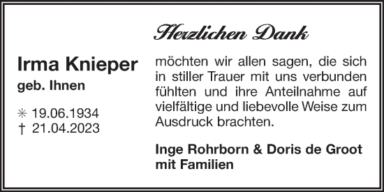 Traueranzeige von Irma Knieper von Ostfriesischer Kurier