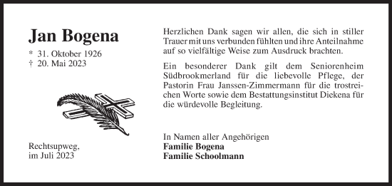 Traueranzeige von Jan Bogena von Ostfriesischer Kurier
