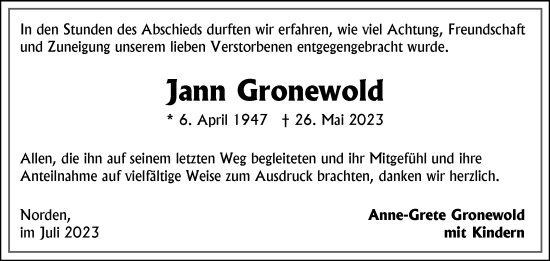 Traueranzeige von Jann Gronewold von Ostfriesischer Kurier