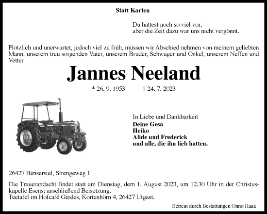 Traueranzeige von Jannes Neeland von Ostfriesischer Kurier