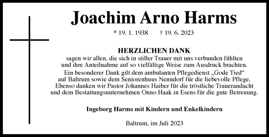 Traueranzeige von Joachim Harms von Ostfriesischer Kurier