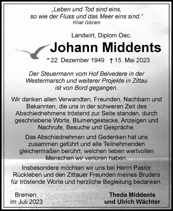 Traueranzeige von Johann Middents von Ostfriesischer Kurier