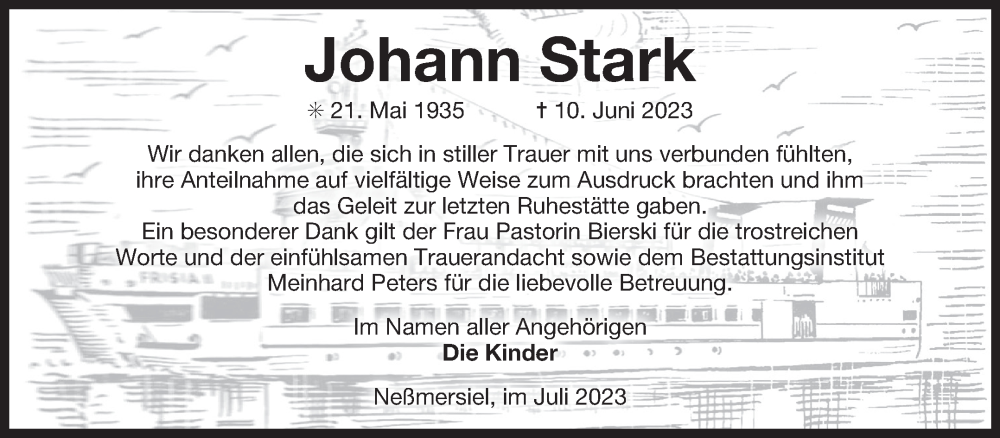  Traueranzeige für Johann Stark vom 22.07.2023 aus Ostfriesischer Kurier