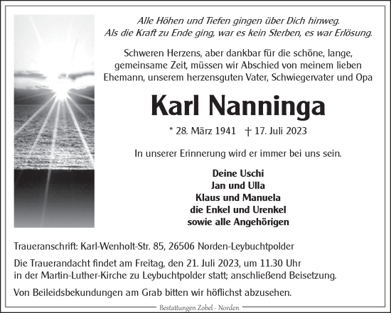 Traueranzeige von Karl Nanninga von Ostfriesischer Kurier