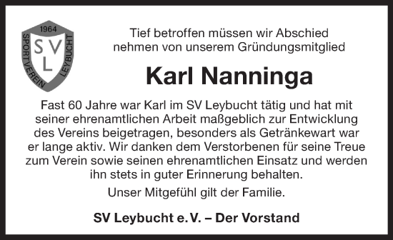 Traueranzeige von Karl Nanninga von Ostfriesischer Kurier