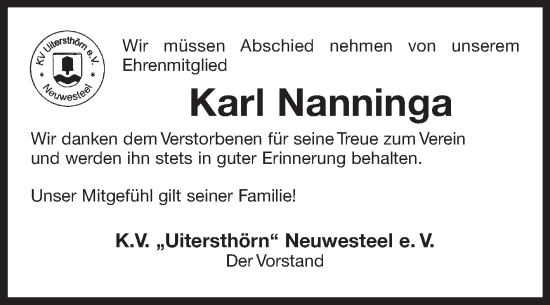 Traueranzeige von Karl Nanninga von Ostfriesischer Kurier