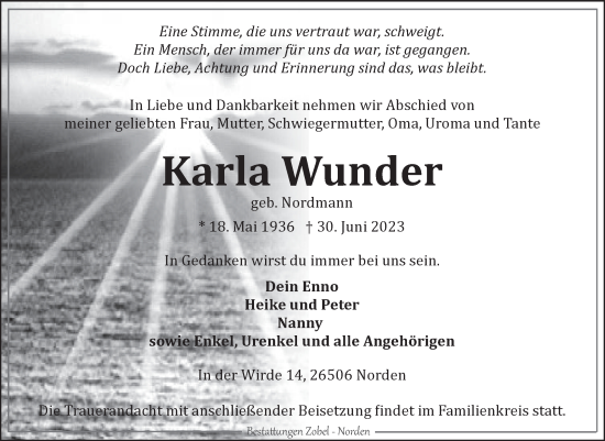 Traueranzeige von Karla Wunder von Ostfriesischer Kurier