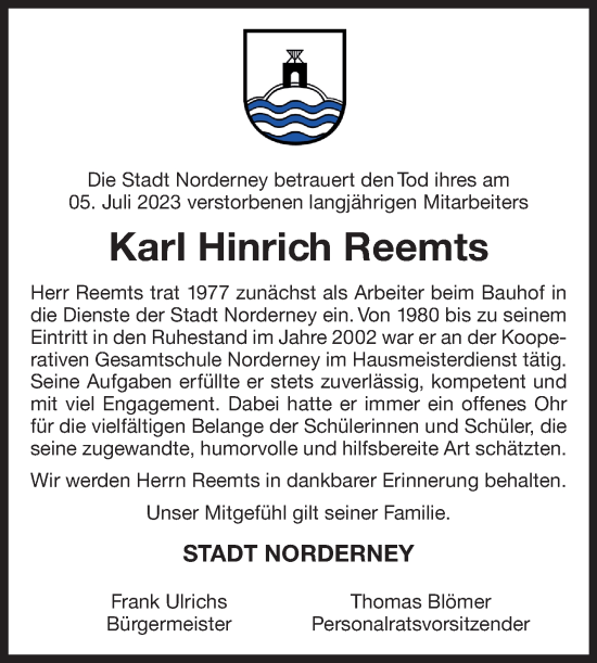 Traueranzeige von Karl Hinrich Reemts von Ostfriesischer Kurier