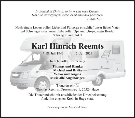 Traueranzeige von Karl Hinrich Reemts von Ostfriesischer Kurier