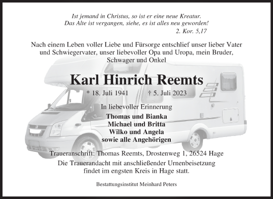 Traueranzeige von Karl Hinrich Reemts von Ostfriesischer Kurier