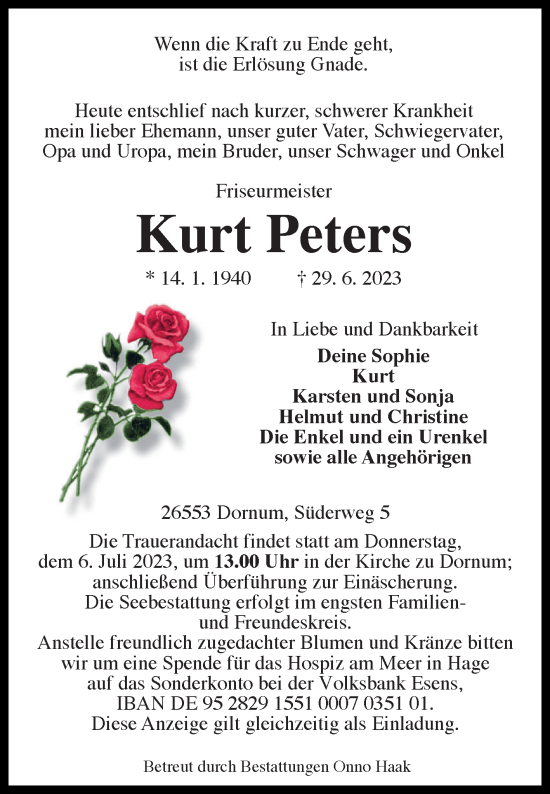 Traueranzeige von Kurt Peters von Ostfriesischer Kurier